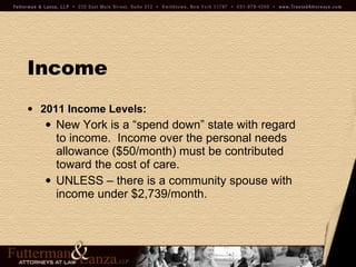 Income 2011 Income Levels: New York is a “spend down” state with regard to income.  Income over the personal needs allowance ($50/month) must be contributed toward the cost of care. UNLESS – there is a community spouse with income under $2,739/month. 