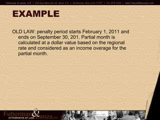 EXAMPLE OLD LAW: penalty period starts February 1, 2011 and ends on September 30, 201. Partial month is calculated at a dollar value based on the regional rate and considered as an income overage for the partial month.  