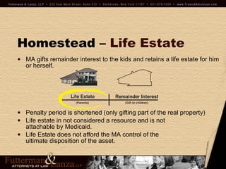 Homestead –   Life Estate MA gifts remainder interest to the kids and retains a life estate for him or herself. Penalty period is shortened (only gifting part of the real property) Life estate in not considered a resource and is not  attachable by Medicaid. Life Estate does not afford the MA control of the  ultimate disposition of the asset. 
