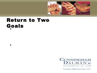 Return to Two Goals Want to encourage you to think about what to do if you or your spouse needed to move to a nursing home Educate you about applying for and becoming eligible for Medicaid Serving the Holland area since 1900 
