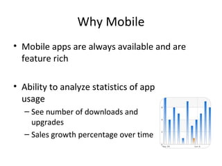 Why Mobile
• Mobile apps are always available and are
feature rich
• Ability to analyze statistics of app
usage
– See number of downloads and
upgrades
– Sales growth percentage over time
 