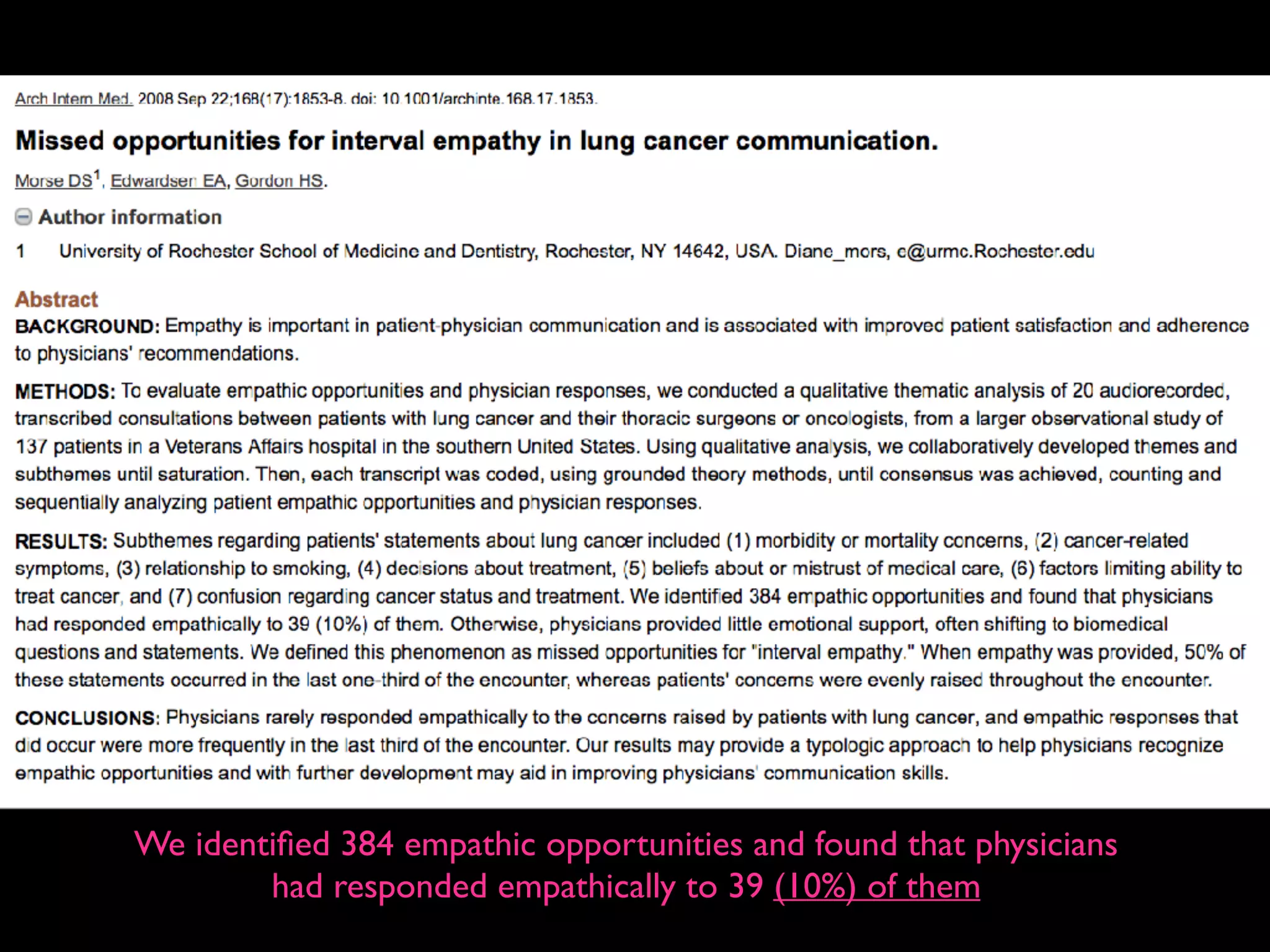 We identiﬁed 384 empathic opportunities and found that physicians  
had responded empathically to 39 (10%) of them
 