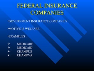 FEDERAL INSURANCE COMPANIES GOVERNMENT INSURANCE COMPANIES MOTIVE IS WELFARE EXAMPLES : MEDICARE MEDICAID CHAMPUS CHAMPVA