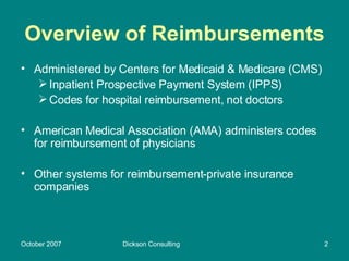Overview of Reimbursements <ul><li>Administered by Centers for Medicaid & Medicare (CMS) </li></ul><ul><ul><li>Inpatient P...