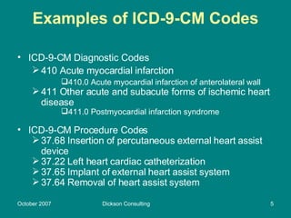 Examples of ICD-9-CM Codes <ul><li>ICD-9-CM Diagnostic Codes </li></ul><ul><ul><li>410 Acute myocardial infarction </li></...
