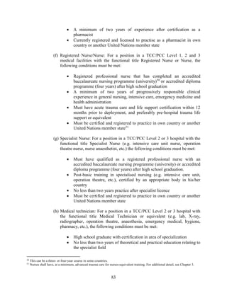 83
 A minimum of two years of experience after certification as a
pharmacist
 Currently registered and licensed to practise as a pharmacist in own
country or another United Nations member state
(f) Registered Nurse/Nurse: For a position in a TCC/PCC Level 1, 2 and 3
medical facilities with the functional title Registered Nurse or Nurse, the
following conditions must be met:
 Registered professional nurse that has completed an accredited
baccalaureate nursing programme (university)50
or accredited diploma
programme (four years) after high school graduation
 A minimum of two years of progressively responsible clinical
experience in general nursing, intensive care, emergency medicine and
health administration
 Must have acute trauma care and life support certification within 12
months prior to deployment, and preferably pre-hospital trauma life
support or equivalent
 Must be certified and registered to practice in own country or another
United Nations member state51
(g) Specialist Nurse: For a position in a TCC/PCC Level 2 or 3 hospital with the
functional title Specialist Nurse (e.g. intensive care unit nurse, operation
theatre nurse, nurse anaesthetist, etc.) the following conditions must be met:
 Must have qualified as a registered professional nurse with an
accredited baccalaureate nursing programme (university) or accredited
diploma programme (four years) after high school graduation.
 Post-basic training in specialised nursing (e.g. intensive care unit,
operation theatre, etc.), certified by an appropriate body in his/her
country
 No less than two years practice after specialist licence
 Must be certified and registered to practice in own country or another
United Nations member state
(h) Medical technician: For a position in a TCC/PCC Level 2 or 3 hospital with
the functional title Medical Technician or equivalent (e.g. lab, X-ray,
radiographer, operation theatre, anaesthesia, emergency medical, hygiene,
pharmacy, etc.), the following conditions must be met:
 High school graduate with certification in area of specialization
 No less than two years of theoretical and practical education relating to
the specialist field
50
This can be a three- or four-year course in some countries.
51
Nurses shall have, at a minimum, advanced trauma care for nurses-equivalent training. For additional detail, see Chapter 3.
 