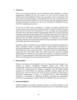 93
1. Mandatory
These are vaccinations required to meet international health regulations or national
requirements stipulated by the host country for travel into the mission area.
Uniformed personnel deployed without such vaccinations may be repatriated at the
port of entry at national expense, as their health will be at risk in the mission area.
Should such personnel be required to stay, the mission must take appropriate steps to
vaccinate the person and ensure that the cost of vaccination is deducted from the
TCC/PCC reimbursement at source.
In the case of yellow fever, vaccination is required for people travelling from
countries with risk of yellow fever transmission and for people travelling to mission
areas with risk of yellow fever transmission. In view of its high cost, reimbursement
for yellow fever vaccination could be sought through submission of claims before the
vaccinated contingent members depart from the mission areas. Since the mission will
verify all claims submitted to United Nations HQ before reimbursement is made, it is
important that the WHO International Certificate of Vaccination or equivalent
document containing the immunization details for each peacekeeper is made available
to the MMS upon arrival in the mission.
In addition, cholera vaccination is now mandatory for all peacekeepers deploying to
PKOs. Mandatory cholera vaccination aims to reduce disease transmission by
protecting peacekeepers from contracting cholera, and thereby also preventing them
from being part of the transmission chain. Vaccination should be implemented in
conjunction with other public health and cholera preventive activities, including
health education, ensuring safe water supply and sanitation, as outlined in Chapter 16
Annex D: Training proposal on cholera prevention and hygiene awareness for United
Nations peacekeeping and civilian personnel in the field.
2. Recommended
These are vaccinations recommended for travel to a region with certain diseases (e.g.,
hepatitis A, Japanese encephalitis, meningitis, cholera etc.). While most
recommended vaccines are covered under reimbursement for troop/police cost, given
its high cost, reimbursement for Japanese encephalitis may be sought through
submission of claims before the vaccinated contingent members depart from the
mission areas. Since the mission will verify all claims submitted to United Nations
HQ before reimbursement is made, it is important that the WHO International
Certificate of Vaccination or equivalent document containing the immunization
details for each peacekeeper is made available to the MMS on arrival in the mission.
3. Standard/childhood
Standard childhood vaccinations including boosters are provided routinely to the
general population and to military/police personnel and are not specifically required
 