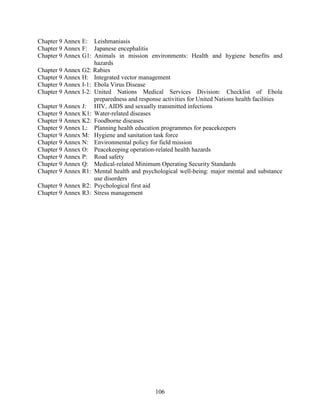 106
Chapter 9 Annex E: Leishmaniasis
Chapter 9 Annex F: Japanese encephalitis
Chapter 9 Annex G1: Animals in mission environments: Health and hygiene benefits and
hazards
Chapter 9 Annex G2: Rabies
Chapter 9 Annex H: Integrated vector management
Chapter 9 Annex I-1: Ebola Virus Disease
Chapter 9 Annex I-2: United Nations Medical Services Division: Checklist of Ebola
preparedness and response activities for United Nations health facilities
Chapter 9 Annex J: HIV, AIDS and sexually transmitted infections
Chapter 9 Annex K1: Water-related diseases
Chapter 9 Annex K2: Foodborne diseases
Chapter 9 Annex L: Planning health education programmes for peacekeepers
Chapter 9 Annex M: Hygiene and sanitation task force
Chapter 9 Annex N: Environmental policy for field mission
Chapter 9 Annex O: Peacekeeping operation-related health hazards
Chapter 9 Annex P: Road safety
Chapter 9 Annex Q: Medical-related Minimum Operating Security Standards
Chapter 9 Annex R1: Mental health and psychological well-being: major mental and substance
use disorders
Chapter 9 Annex R2: Psychological first aid
Chapter 9 Annex R3: Stress management
 