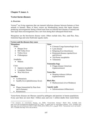 107
Chapter 9 Annex A
Vector-borne diseases
A. Overview
Vectors67
are living organisms that can transmit infectious diseases between humans or from
animals to humans. Many of these vectors are bloodsucking insects that ingest disease-
producing microorganisms during a blood meal from an infected host (human or animal) and
later inject these microorganisms into a new host during their subsequent blood meal.
Mosquitoes are the best-known disease vector. Others include ticks, flies, sand flies, fleas,
triatomine bugs and some freshwater aquatic snails.
Vectors and the diseases they cause
Mosquitoes
Aedes
 Dengue fever
 Rift Valley fever
 Yellow fever
 Chikungunya
Anopheles
 Malaria
Culex
 Japanese encephalitis
 Lymphatic filariasis
 West Nile fever
Sandflies
 Leishmaniasis
 Sandfly fever (phelebotomus fever)
Fleas
 Plague (transmitted by fleas from
rats to humans)
 Rickettsiosis
Ticks
 Crimean-Congo haemorrhagic fever
 Lyme disease
 Relapsing fever (borreliosis)
 Rickettsial diseases (spotted fever
and Q fever)
 Tick-borne encephalitis
 Tularaemia
Triatomine bugs
 Chagas disease (American
trypanosomiasis)
Tsetse flies
 Sleeping sickness (African
trypanosomiasis)
Black flies
 Onchocerciasis (river blindness)
Aquatic snails
 Schistosomiasis (bilharziasis)
Vector-borne diseases are illnesses caused by pathogens and parasites in human populations.
Every year there are more than 1 billion cases and over 1 million deaths from vector-borne
67
For resources on vector-borne diseases, see: WHO, “Vector-borne diseases,” March 2014. Available from
http://www.who.int/mediacentre/factsheets/fs387/en/; WHO, “A global brief on vector-Borne diseases,” 2014. Available from
http://apps.who.int/iris/bitstream/10665/111008/1/WHO_DCO_WHD_2014.1_eng.pdf; WHO, “International travel and health,”
2015. Available from http://www.who.int/ith/en/.
 
