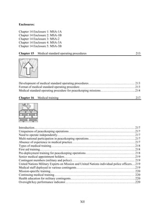 Enclosures:
Chapter 14 Enclosure 1: MSA-1A
Chapter 14 Enclosure 2: MSA-1B
Chapter 14 Enclosure 3: MSA-2
Chapter 14 Enclosure 4: MSA-3A
Chapter 14 Enclosure 5: MSA-3B
Chapter 15 Medical standard operating procedures 213
Development of medical standard operating procedures………………………...………….. 213
Format of medical standard operating procedure…………………………………………….213
Medical standard operating procedure for peacekeeping missions…………………………...214
Chapter 16 Medical training 217
Introduction…………………………………………………………………………………. 217
Uniqueness of peacekeeping operations……………………………………………………….217
Need to operate independently.………………………………………………………………217
Multi-national participation in peacekeeping operations……………………………………..217
Absence of experience in medical practice………………………………………………….. 217
Types of medical training………………………………………………………………..…..218
First aid training.…………………………………………………………….………….…...218
Pre-deployment training for peacekeeping operations………………………………………. 218
Senior medical appointment holders………………………………………..………………..219
Contingent members (military and police)………………………………………………...... 219
United Nations Military Experts on Mission and United Nations individual police officers....219
Medical staff deployed in various contingents…………………………...…………………..219
Mission-specific training.…………………………………………………………………… 220
Continuing medical training………………………………………………………………… 220
Health education for military contingents.…………………………………………………...220
Oversight/key performance indicator………………………………………………………...220
XII
 