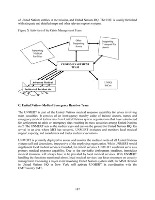 187
of United Nations entities in the mission, and United Nations HQ. The COC is usually furnished
with adequate and detailed maps and other relevant support systems.
Figure X Activities of the Crisis Management Team
C. United Nations Medical Emergency Reaction Team
The UNMERT is part of the United Nations medical response capability for crises involving
mass casualties. It consists of an inter-agency standby cadre of trained doctors, nurses and
emergency medical technicians from United Nations system organizations that have volunteered
for deployment to crisis or emergency sites resulting in mass casualties among United Nations
staff. The UNMERT acts as the medical eyes and ears on the ground for United Nations HQ. On
arrival in an area where MCI has occurred, UNMERT evaluates and monitors local medical
support capacity, and coordinates and tracks medical evacuations.
UNMERT is primarily deployed to assess and monitor the medical needs of all United Nations
system staff and dependants, irrespective of the employing organization. While UNMERT would
supplement local medical services if needed, for critical services, UNMERT would not serve as a
primary medical response capability. Due to the inevitable deployment timelines, immediate
medical treatment will always have to be provided by local medical services. With UNMERT
handling the functions mentioned above, local medical services can focus resources on casualty
management. Following a major event involving United Nations system staff, the MSD Director
in United Nations HQ in New York will activate UNMERT in coordination with the
CMT/country SMT.
Supporting
Transport/Air
Assets
Supporting
Medical
Facilities
Other
Supporting
Assets
CRISIS MANAGEMENT
TEAM
UNHQ
SitCen
Incidents & Incident site
Advanced Medical
Post
 