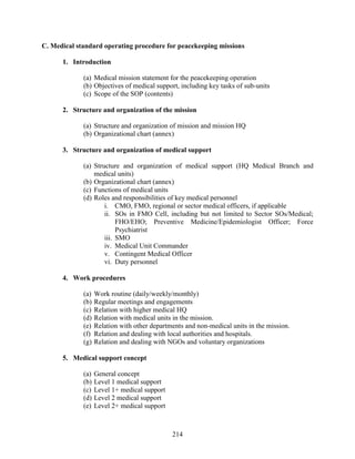 214
C. Medical standard operating procedure for peacekeeping missions
1. Introduction
(a) Medical mission statement for the peacekeeping operation
(b) Objectives of medical support, including key tasks of sub-units
(c) Scope of the SOP (contents)
2. Structure and organization of the mission
(a) Structure and organization of mission and mission HQ
(b) Organizational chart (annex)
3. Structure and organization of medical support
(a) Structure and organization of medical support (HQ Medical Branch and
medical units)
(b) Organizational chart (annex)
(c) Functions of medical units
(d) Roles and responsibilities of key medical personnel
i. CMO, FMO, regional or sector medical officers, if applicable
ii. SOs in FMO Cell, including but not limited to Sector SOs/Medical;
FHO/EHO; Preventive Medicine/Epidemiologist Officer; Force
Psychiatrist
iii. SMO
iv. Medical Unit Commander
v. Contingent Medical Officer
vi. Duty personnel
4. Work procedures
(a) Work routine (daily/weekly/monthly)
(b) Regular meetings and engagements
(c) Relation with higher medical HQ
(d) Relation with medical units in the mission.
(e) Relation with other departments and non-medical units in the mission.
(f) Relation and dealing with local authorities and hospitals.
(g) Relation and dealing with NGOs and voluntary organizations
5. Medical support concept
(a) General concept
(b) Level 1 medical support
(c) Level 1+ medical support
(d) Level 2 medical support
(e) Level 2+ medical support
 