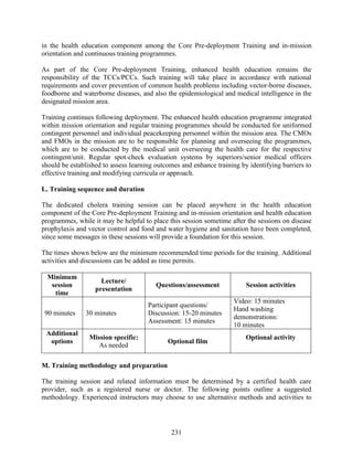 231
in the health education component among the Core Pre-deployment Training and in-mission
orientation and continuous training programmes.
As part of the Core Pre-deployment Training, enhanced health education remains the
responsibility of the TCCs/PCCs. Such training will take place in accordance with national
requirements and cover prevention of common health problems including vector-borne diseases,
foodborne and waterborne diseases, and also the epidemiological and medical intelligence in the
designated mission area.
Training continues following deployment. The enhanced health education programme integrated
within mission orientation and regular training programmes should be conducted for uniformed
contingent personnel and individual peacekeeping personnel within the mission area. The CMOs
and FMOs in the mission are to be responsible for planning and overseeing the programmes,
which are to be conducted by the medical unit overseeing the health care for the respective
contingent/unit. Regular spot-check evaluation systems by superiors/senior medical officers
should be established to assess learning outcomes and enhance training by identifying barriers to
effective training and modifying curricula or approach.
L. Training sequence and duration
The dedicated cholera training session can be placed anywhere in the health education
component of the Core Pre-deployment Training and in-mission orientation and health education
programmes, while it may be helpful to place this session sometime after the sessions on disease
prophylaxis and vector control and food and water hygiene and sanitation have been completed,
since some messages in these sessions will provide a foundation for this session.
The times shown below are the minimum recommended time periods for the training. Additional
activities and discussions can be added as time permits.
Minimum
session
time
Lecture/
presentation
Questions/assessment Session activities
90 minutes 30 minutes
Participant questions/
Discussion: 15-20 minutes
Assessment: 15 minutes
Video: 15 minutes
Hand washing
demonstrations:
10 minutes
Additional
options
Mission specific:
As needed
Optional film
Optional activity
M. Training methodology and preparation
The training session and related information must be determined by a certified health care
provider, such as a registered nurse or doctor. The following points outline a suggested
methodology. Experienced instructors may choose to use alternative methods and activities to
 