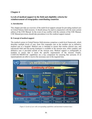 46
Chapter 4
Levels of medical support in the field and eligibility criteria for
reimbursement of troop/police contributing countries
A. Introduction
This chapter provides an overview of the multi-level support concept for providing medical care
in United Nations field missions. It should always be read in conjunction with the most current
edition of the COE Manual. In the event of any conflict with the contents of the COE Manual,
COE Manual provisions should take precedence over this medical support manual.
B. Concept of medical support
The medical system in United Nations field missions comprises a multi-level framework, which
describes multiple levels of care, from first responder care at the incident site to definitive
medical care at a hospital. Medical care is intended to ensure that routine clinical care, and
(advanced) limb and life-saving treatment is available in the mission area, while complex and
definitive care is provided outside of the mission area. Medical support is configurable in
modules to ensure that it meets the specific requirements of the mission. Finally,
CASEVAC/MEDEVAC capabilities are a key component for ensuring that seriously ill or
injured patients are able to receive the necessary care in the required time.
Figure 4. Levels of care with corresponding capabilities and maximum treatment times
 