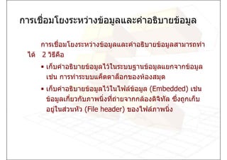 การเชื่อมโยงระหวางขอมูลและคําอธิบายขอมูล

     การเชื่อมโยงระหวางขอมูลและคําอธิบายขอมูลสามารถทํา
 ได 2 วิธีคือ
     • เก็บคําอธิบายขอมูลไวในระบบฐานขอมูลแยกจากขอมูล
       เชน การทําระบบแค็ตตาล็อกของหองสมุด
     • เก็บคําอธิบายขอมูลไวในไฟลขอมูล (Embedded) เชน
       ขอมูลเกี่ยวกับภาพนิ่งทีถายจากกลองดิจิทล ซึ่งถูกเก็บ
                               ่                ั
       อยูในสวนหัว (File header) ของไฟลภาพนิ่ง
 