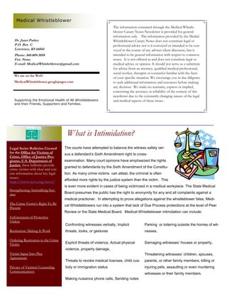 Medical  Whistleblower  Canary  Notes  Newsletter 37  Witness  Intimidation  Nov. 2008  Vol. 3  Issue 11 Slide 4