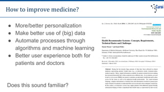 How to improve medicine?
● More/better personalization
● Make better use of (big) data
● Automate processes through
algori...