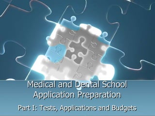 Medical and Dental School
Application Preparation
Part I: Tests, Applications and Budgets
 