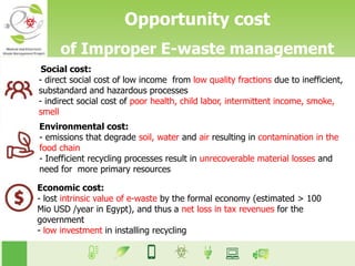 Opportunity cost
of Improper E-waste management
Social cost:
- direct social cost of low income from low quality fractions due to inefficient,
substandard and hazardous processes
- indirect social cost of poor health, child labor, intermittent income, smoke,
smell
Environmental cost:
- emissions that degrade soil, water and air resulting in contamination in the
food chain
- Inefficient recycling processes result in unrecoverable material losses and
need for more primary resources
Economic cost:
- lost intrinsic value of e-waste by the formal economy (estimated > 100
Mio USD /year in Egypt), and thus a net loss in tax revenues for the
government
- low investment in installing recycling
 