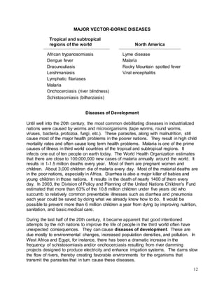 12 
MAJOR VECTOR-BORNE DISEASES 
Tropical and subtropical 
regions of the world 
North America 
African trypanosomiasis Lyme disease 
Dengue fever Malaria 
Dracunculiasis Rocky Mountain spotted fever 
Leishmaniasis Viral encephalitis 
Lymphatic filariases 
Malaria 
Onchocerciasis (river blindness) 
Schistosomiasis (bilharziasis) 
Diseases of Development 
Until well into the 20th century, the most common debilitating diseases in industrialized 
nations were caused by worms and microorganisms (tape worms, round worms, 
viruses, bacteria, protozoa, fungi, etc.). These parasites, along with malnutrition, still 
cause most of the major health problems in the poorer nations. They result in high child 
mortality rates and often cause long term health problems. Malaria is one of the prime 
causes of illness in third world countries of the tropical and subtropical regions. It 
infects one out of ten people on earth today. The World Health Organization estimates 
that there are close to 100,000,000 new cases of malaria annually around the world. It 
results in 1-1.5 million deaths every year. Most of them are pregnant women and 
children. About 3,000 children die of malaria every day. Most of the malarial deaths are 
in the poor nations, especially in Africa. Diarrhea is also a major killer of babies and 
young children in those nations. It results in the death of nearly 1400 of them every 
day. In 2003, the Division of Policy and Planning of the United Nations Chi ldren's Fund 
estimated that more than 63% of the 10.8 million children under five years old who 
succumb to relatively common preventable illnesses such as diarrhea and pneumonia 
each year could be saved by doing what we already know how to do. It would be 
possible to prevent more than 6 million children a year from dying by improving nutrition, 
sanitation, and basic medical care. 
During the last half of the 20th century, it became apparent that good intentioned 
attempts by the rich nations to improve the life of people in the third world often have 
unexpected consequences. They can cause diseases of development. These are 
due mostly to environmental changes, increased population densities, and pollution. In 
West Africa and Egypt, for instance, there has been a dramatic increase in the 
frequency of schistosomiasis and/or onchocerciasis resulting from river damming 
projects designed to produce electricity and enhance irrigation systems. The dams slow 
the flow of rivers, thereby creating favorable environments for the organisms that 
transmit the parasites that in turn cause these diseases. 
 