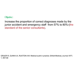 Objective:
Increase the proportion of correct diagnoses made by the
junior accident and emergency staff from 57% to 80%-(the
standard of the senior consultants).
GRUER R, GUNN A A, RUXTON A M. Medical audit in practice .BritishMedical_rournal,1977;
1, 957-58
 