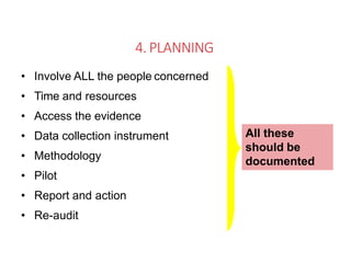 4. PLANNING
• Involve ALL the people concerned
• Time and resources
• Access the evidence
• Data collection instrument
• Methodology
• Pilot
• Report and action
• Re-audit
All these
should be
documented
 