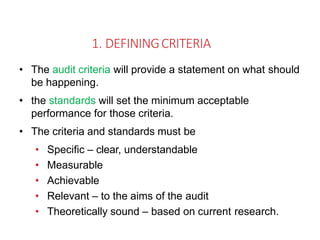 1. DEFININGCRITERIA
• The audit criteria will provide a statement on what should
be happening.
• the standards will set the minimum acceptable
performance for those criteria.
• The criteria and standards must be
• Specific – clear, understandable
• Measurable
• Achievable
• Relevant – to the aims of the audit
• Theoretically sound – based on current research.
 