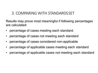 3. COMPARING WITH STANDARDSSET
Results may prove most meaningful if following percentages
are calculated:
• percentage of cases meeting each standard.
• percentage of cases not meeting each standard
• percentage of cases considered non-applicable
• percentage of applicable cases meeting each standard
• percentage of applicable cases not meeting each standard
 