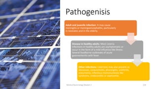 Pathogenisis
Adult and juvenile infection: It may cause
meningitis or meningoencephalitis, particularly
in neonates and in the elderly.
Disease in healthy adults: Most Listeria
infections in healthy adults are asymptomatic or
occur in the form of a mild influenza-like illness.
Several foodborne outbreaks of acute
gastroenteritis with fever .
Other infections: Listeriosis may also present as
abscesses, conjunctivitis, pharyngitis, urethritis,
pneumonia, infectious mononucleosis like
syndrome, endocarditis or septicemia.
8/11/2023 Medical Bacteriology Module 2 110
 