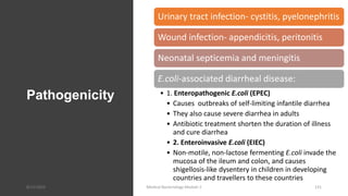 Pathogenicity
Urinary tract infection- cystitis, pyelonephritis
Wound infection- appendicitis, peritonitis
Neonatal septicemia and meningitis
E.coli-associated diarrheal disease:
• 1. Enteropathogenic E.coli (EPEC)
• Causes outbreaks of self-limiting infantile diarrhea
• They also cause severe diarrhea in adults
• Antibiotic treatment shorten the duration of illness
and cure diarrhea
• 2. Enteroinvasive E.coli (EIEC)
• Non-motile, non-lactose fermenting E.coli invade the
mucosa of the ileum and colon, and causes
shigellosis-like dysentery in children in developing
countries and travellers to these countries
8/11/2023 Medical Bacteriology Module 2 131
 