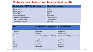 Culture characteristic and biochemical results
Temperature 37°C for 24 hours Mac Conkey Agar
Size in mm
Shape round
Color Pink
Margin Complete
Elevation Slightly Raised
Opacity Translucent
Consistency Mucoid
3-4
Round
Pink
Complete
Slightly raised
Translucent
Mucoid
Test K. aerogenes Organism K. pneumoniae
Oxidase
Urease
TSI,
MR
VP
Citrate
Indole
Negative
Positive
acid slant, with gas, acid butt
negative
Positive
positive
Negative
Negative
Positive slow
acid slant, with gas, acid butt
positive
negative
positive
Negative
8/11/2023 Medical Bacteriology Module 2 144
 
