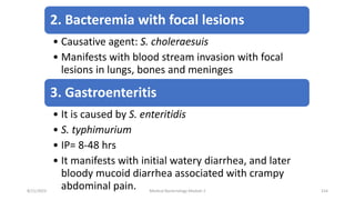2. Bacteremia with focal lesions
• Causative agent: S. choleraesuis
• Manifests with blood stream invasion with focal
lesions in lungs, bones and meninges
3. Gastroenteritis
• It is caused by S. enteritidis
• S. typhimurium
• IP= 8-48 hrs
• It manifests with initial watery diarrhea, and later
bloody mucoid diarrhea associated with crampy
abdominal pain.
8/11/2023 Medical Bacteriology Module 2 154
 