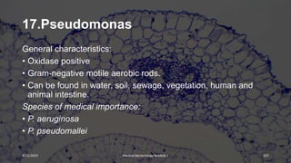 17.Pseudomonas
General characteristics:
• Oxidase positive
• Gram-negative motile aerobic rods.
• Can be found in water, soil, sewage, vegetation, human and
animal intestine.
Species of medical importance:
• P. aeruginosa
• P. pseudomallei
8/11/2023 Medical Bacteriology Module 2 167
 