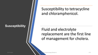 Susceptibility
Susceptibility to tetracycline
and chloramphenicol.
Fluid and electrolyte
replacement are the first line
of management for cholera.
8/11/2023 Medical Bacteriology Module 2 179
 