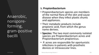 Anaerobic,
nonspore-
forming,
gram-positive
bacilli
5. Propionibacterium
• Propionibacterium species are members
of the normal flora of the skin and cause
disease when they infect plastic shunts
and appliances.
• Their metabolic products include
propionic acid, from which the genus
name derives.
• Species: The two most commonly isolated
species are Propionibacterium acnes and
Propionibacterium propionicus.
• P. acnes are responsible for oportunistic
infections in patients with prosthetic
devices or intravascular lines.
8/11/2023 Medical Bacteriology Module 2 226
 