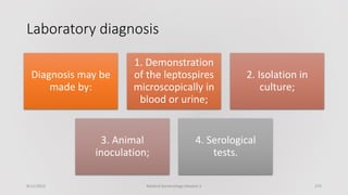 Laboratory diagnosis
Diagnosis may be
made by:
1. Demonstration
of the leptospires
microscopically in
blood or urine;
2. Isolation in
culture;
3. Animal
inoculation;
4. Serological
tests.
8/11/2023 Medical Bacteriology Module 2 274
 