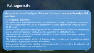 Pathogenicity
Mycoplasma causes two types of diseases in humans :pneumonia and genital
infections
• A. Mycoplasma pneumonia
• M. pneumoniae is worldwide in its distribution and is found at all ages. Transmission is by droplets
of nasopharyngeal secretion. Disease is most common in school aged children and young adults
(5–15 years).
• Infection with M. pneumoniae typically produces mild upper respiratory tract disease. More severe
disease with lower respiratory tract symptoms occurs in less than 10% of patients.
Tracheobronchitis can occur. Pneumonia (referred to as primary atypical pneumonia or walking
pneumonia) can also develop.
• The disease has an incubation period of 1–3 weeks, and early symptoms are nonspecific, consisting
of headache, low-grade fever, malaise, and anorexia
• Extrapulmonary complications, including cardiovascular, central nervous system, dermatologic, and
gastrointestinal problems, are rare occurrences.
8/11/2023 Medical Bacteriology Module 2 279
 