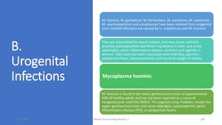 B.
Urogenital
Infections
M. hominis, M. genitalium, M. fermentans, M. penetrans, M. salivarium,
M. spermatophilum and ureaplasmas have been isolated from urogenital
tract. Genital infections are caused by U. urealyticum and M. hominis.
They are transmitted by sexual contact, and may cause urethritis,
proctitis, balanoposthitis and Reiter’s syndrome in men, and acute
salphingitis, pelvic inflammatory disease, cervicitis and vaginitis in
women. They have also been associated with infertility, abortion,
postpartum fever, chorioamnionitis and low birth weight of infants
Mycoplasma hominis
M. hominis is found in the lower genitourinary tracts of approximately
50% of healthy adults and has not been reported as a cause of
nongonococcal urethritis (NGU). The organism may, however, invade the
upper genitourinary tract and cause salpingitis, pyelonephritis, pelvic
inflammatory disease (PID), or postpartum fevers.
8/11/2023 Medical Bacteriology Module 2 282
 