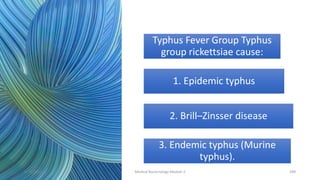Typhus Fever Group Typhus
group rickettsiae cause:
1. Epidemic typhus
2. Brill–Zinsser disease
3. Endemic typhus (Murine
typhus).
8/11/2023 Medical Bacteriology Module 2 289
 