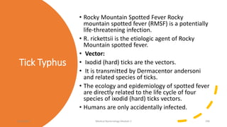 Tick Typhus
• Rocky Mountain Spotted Fever Rocky
mountain spotted fever (RMSF) is a potentially
life-threatening infection.
• R. rickettsii is the etiologic agent of Rocky
Mountain spotted fever.
• Vector:
• Ixodid (hard) ticks are the vectors.
• It is transmitted by Dermacentor andersoni
and related species of ticks.
• The ecology and epidemiology of spotted fever
are directly related to the life cycle of four
species of ixodid (hard) ticks vectors.
• Humans are only accidentally infected.
8/11/2023 Medical Bacteriology Module 2 296
 