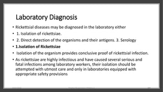 Laboratory Diagnosis
• Rickettsial diseases may be diagnosed in the laboratory either
• 1. Isolation of rickettsiae.
• 2. Direct detection of the organisms and their antigens. 3. Serology
• 1.Isolation of Rickettsiae
• Isolation of the organism provides conclusive proof of rickettsial infection.
• As rickettsiae are highly infectious and have caused several serious and
fatal infections among laboratory workers, their isolation should be
attempted with utmost care and only in laboratories equipped with
appropriate safety provisions
8/11/2023 Medical Bacteriology Module 2 299
 