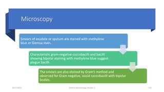Microscopy
Smears of exudate or sputum are stained with methylene
blue or Giemsa stain.
Characteristic gram-negative coccobacilli and bacilli
showing bipolar staining with methylene blue suggest
plague bacilli.
The smears are also stained by Gram’s method and
observed for Gram negative, ovoid coccobacilli with bipolar
bodies.
8/11/2023 Medical Bacteriology Module 2 332
 