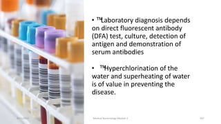 • ™Laboratory diagnosis depends
on direct fluorescent antibody
(DFA) test, culture, detection of
antigen and demonstration of
serum antibodies
• ™Hyperchlorination of the
water and superheating of water
is of value in preventing the
disease.
8/11/2023 Medical Bacteriology Module 2 347
 