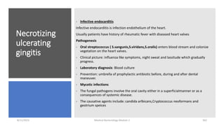 Necrotizing
ulcerating
gingitis
- Infective endocarditis
Infective endocarditis is infection endothelium of the heart.
Usually patients have history of rheumatic fever with diseased heart valves
Pathogenesis
- Oral streptococcus ( S.sangunis,S.viridans,S.oralis) enters blood stream and colonize
vegetation on the heart valves.
- Clinical picture: influenza like symptoms, night sweat and lassitude which gradually
progress.
- Laboratory diagnosis: Blood culture
- Prevention: umbrella of prophylactic antibiotic before, during and after dental
maneuver.
- Mycotic infections
- The fungal pathogens involve the oral cavity either in a superficialmanner or as a
consequences of systemic disease.
- The causative agents include: candida arlbicans,Cryptococcus neoformans and
geotrium speices
8/11/2023 Medical Bacteriology Module 2 362
 