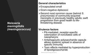 Neisseria
meningitidis
(meningococcus)
General characteristics
Encapsulated small
Gram-negative diplococci
Second most common cause (behind S.
pneumoniae) of community-acquired
meningitis in previously healthy adults; swift
progression from good health to life-
threatening disease
Virulence factors
• Pili-mediated, receptor-specific
colonization of nonciliated cells of
nasopharynx
• Antiphagocytic polysaccharide capsule
allows systemic spread in absence of
specific immunity
• Toxic effects mediated by hyperproduction
of lipooligosaccharide
8/11/2023 Medical Bacteriology Module 2 61
 