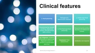 Clinical features
1. Food poisoning
Pathogenicity
determinant: Exotoxin
a. Emetic type food
poisoning
Characterized by nausea,
vomiting, abdominal
cramps, and self-limited
with in 24 hrs
b. Diarrheal type food
poisoning
Characterized by profuse
diarrhea and abdominal
cramps.
Lab. Diagnosis: Isolation
of B.cereus in stool is not
diagnostic since it is
present in normal stool
specimen
Treatment: Fluid
replacement
Antibiotics not required
8/11/2023 Medical Bacteriology Module 2 87
 