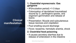 Clinical
manifestation:
1. Clostridial myonecrosis: Gas
gangrene
• IP(Incubation period) =1-3 days
• Colonization of devitalized traumatized
wound by C. perfringens spores, and
organism germination and release of
toxins
• Presentation: Muscle and subcutaneous
tissue necrosis and crepitation
• Foul smelling wound discharge
• Fever, toxaemia, hemolytic anemia, shock
2. Clostridial food poisoning
• It causes secretory diarrhea due to
release of enterotoxin in the intestine
8/11/2023 Medical Bacteriology Module 2 93
 