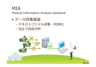 MIA
Medical Information Analysis databank
デ タ収集基盤• データ収集基盤
– テキストファイル収集・RDB化
– SQLで⾃由分析
OracleOracle
6
 