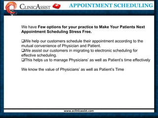 Providing services with fast, efficient & reliable service to our clients and their patients while maximizing our client's income level.WHY US?We able you to;Focus on quality patient care.