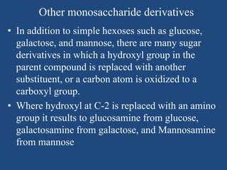 Other monosaccharide derivatives
• In addition to simple hexoses such as glucose,
galactose, and mannose, there are many sugar
derivatives in which a hydroxyl group in the
parent compound is replaced with another
substituent, or a carbon atom is oxidized to a
carboxyl group.
• Where hydroxyl at C-2 is replaced with an amino
group it results to glucosamine from glucose,
galactosamine from galactose, and Mannosamine
from mannose
 